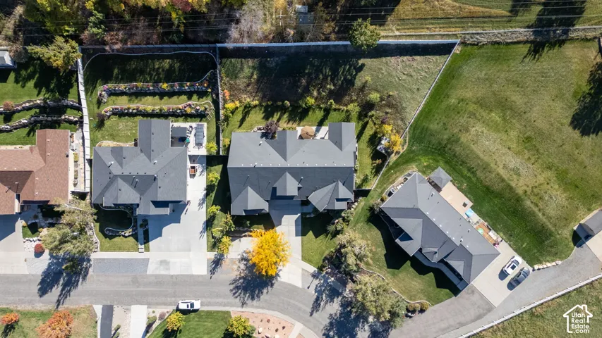 Expansive property featuring a paved driveway, mature trees, and a spacious green lawn