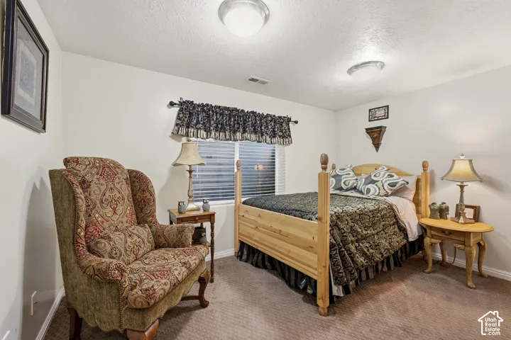 Wall-to-wall carpeting with light-toned walls and two ceiling-mounted light fixtures