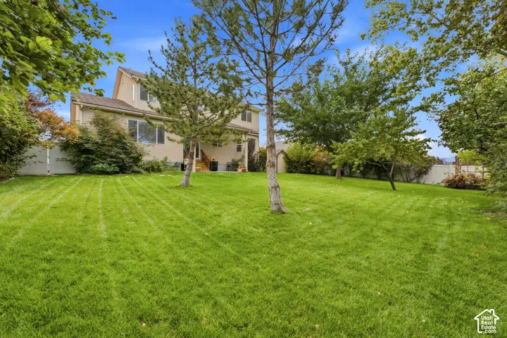 Expansive green lawn with mature trees and a two-story exterior