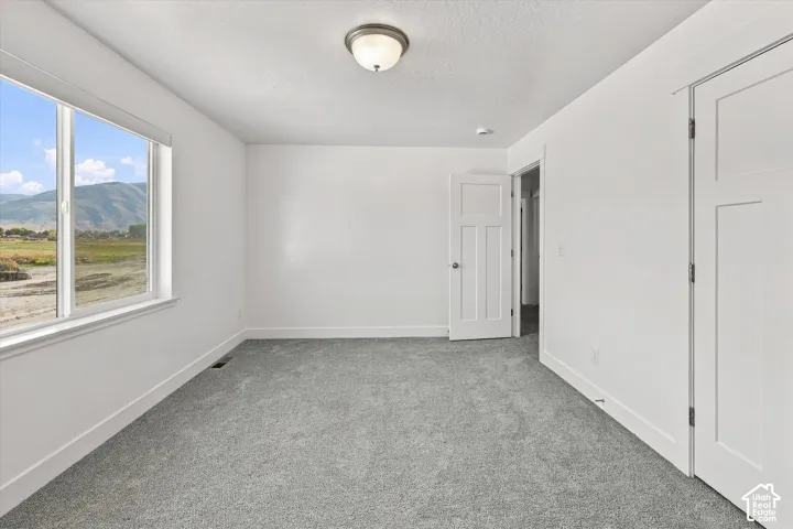 Expansive window with mountain and field scenery, neutral gray carpeting, white interior walls, interior door with three recessed panels, and a flush mount ceiling light fixture