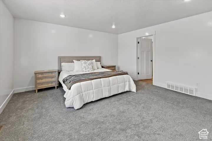 Plush gray carpeting, recessed ceiling lighting, white interior door, and a textured headboard