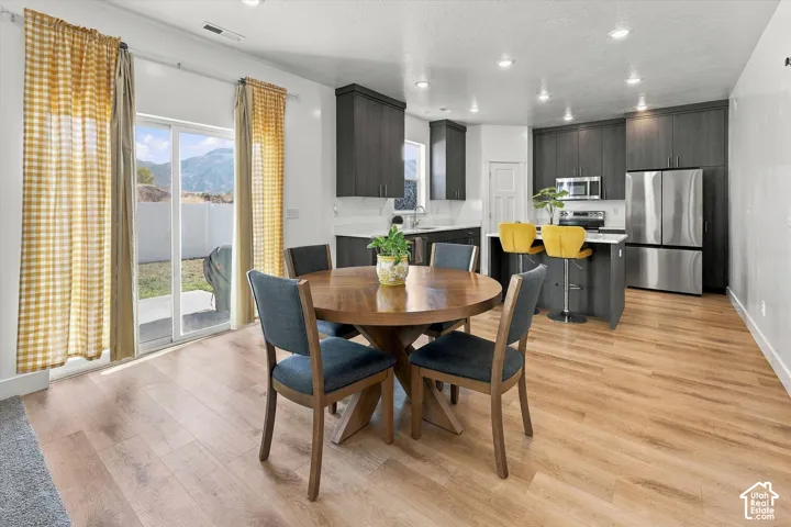 Modern kitchen featuring dark cabinetry, stainless steel appliances, a white subway tile backsplash, recessed lighting, and wood-finish flooring