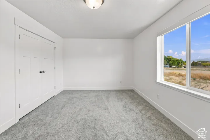 Neutral wall paint, gray carpeting, a double-door closet, a window with a white frame, and a flush-mount ceiling light