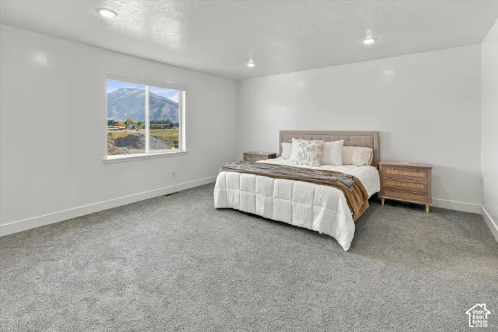 Recessed lighting, wall-to-wall carpeting, and a large window with mountain scenery