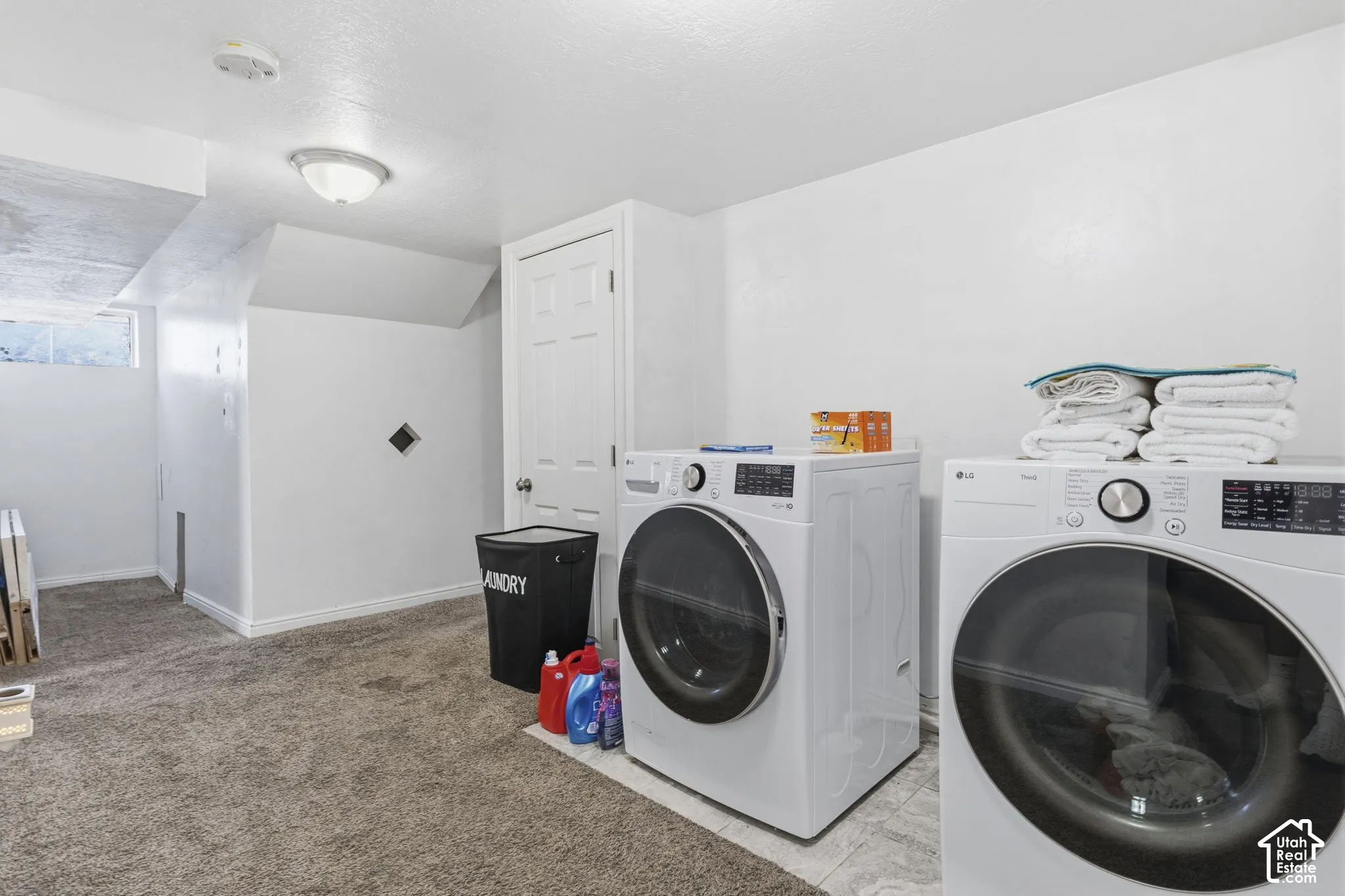 Utility space with light-colored carpeting, white painted walls, and overhead lighting