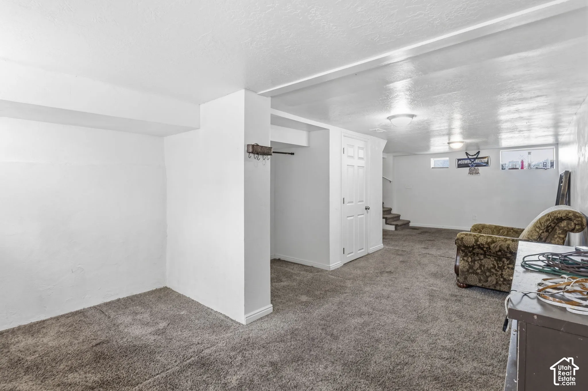 Carpeted flooring, overhead lighting, white painted walls, and built-in closet with hanging rod