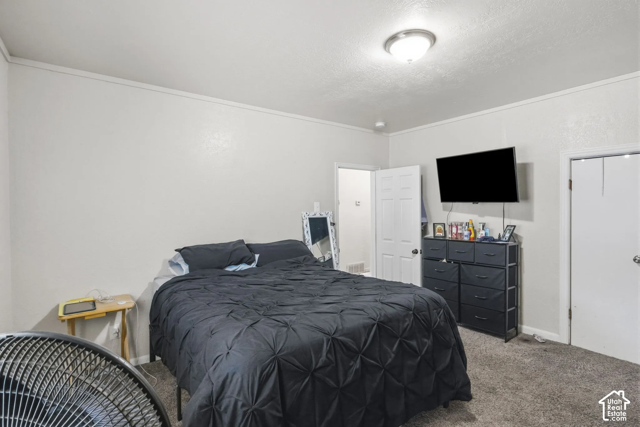 White interior walls with wall-to-wall carpeting and a flush-mount ceiling light fixture