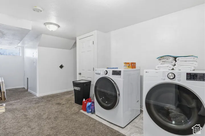 Utility space with light-colored carpeting, white painted walls, and overhead lighting