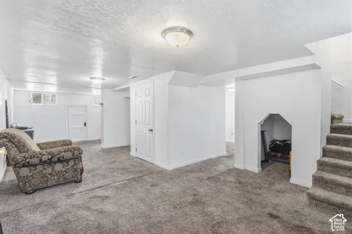 Carpeted flooring, recessed wall niche, interior doors, and overhead lighting