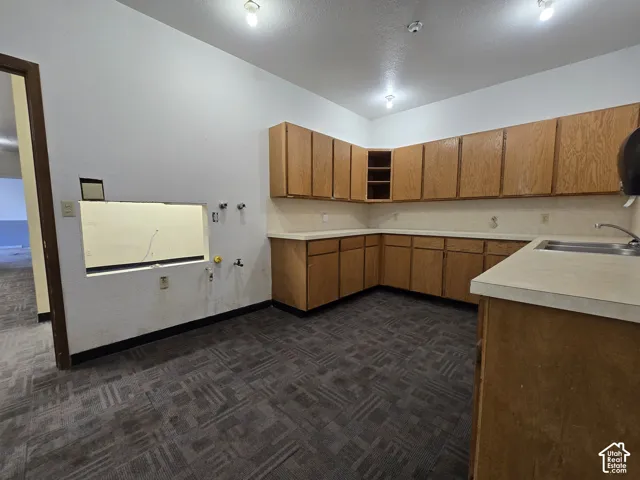Functional kitchen area featuring extensive wood-finish cabinetry, ample countertop space, and a stainless steel sink