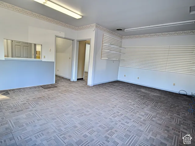 Open room featuring patterned carpet flooring, fluorescent lighting, a pass-through window, and slat wall panels