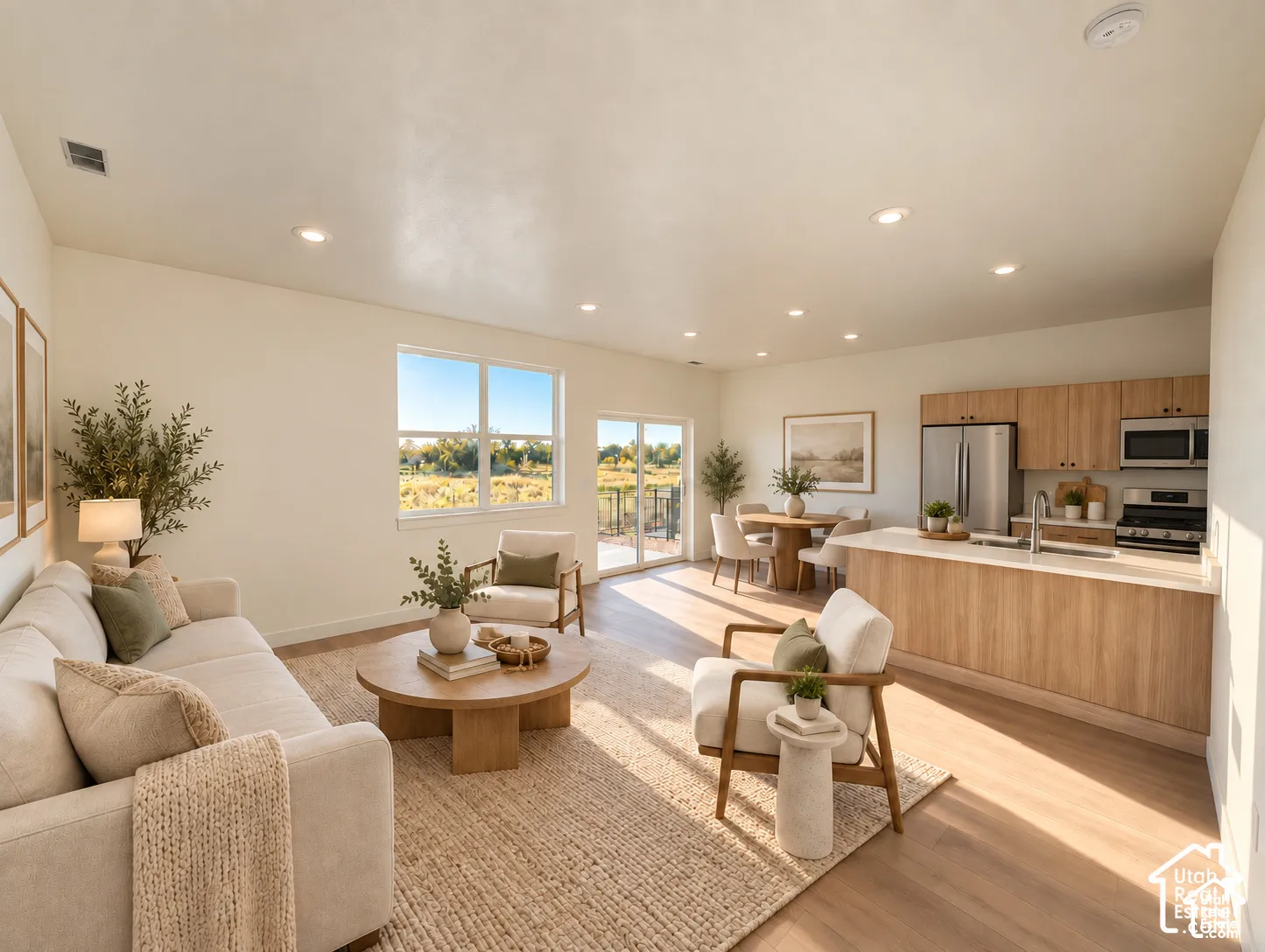 Open-concept living space with recessed lighting, wood-finish flooring, and white walls