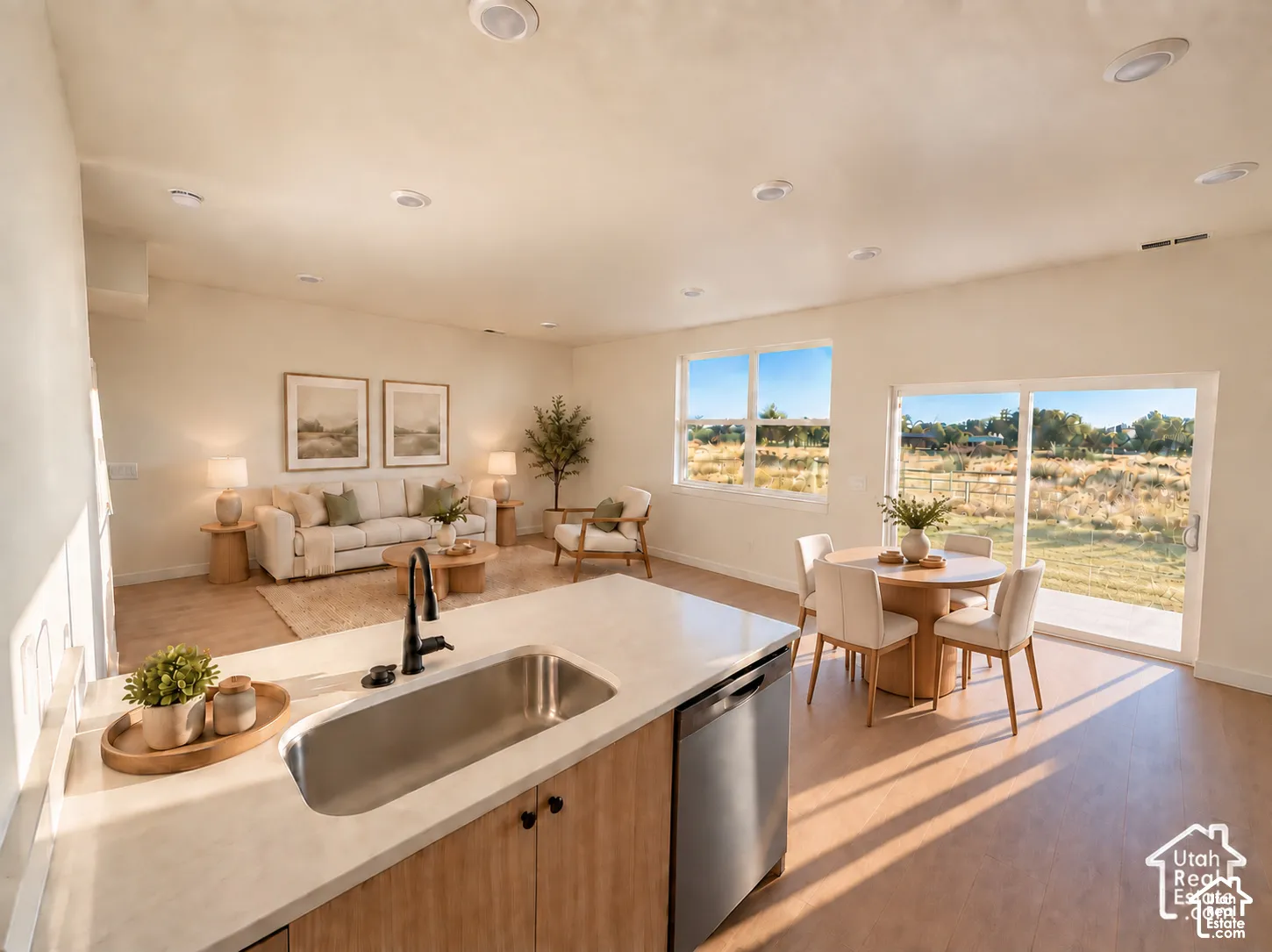 Open-concept living space featuring wood-finish flooring, recessed lighting, and large windows with a sliding glass door