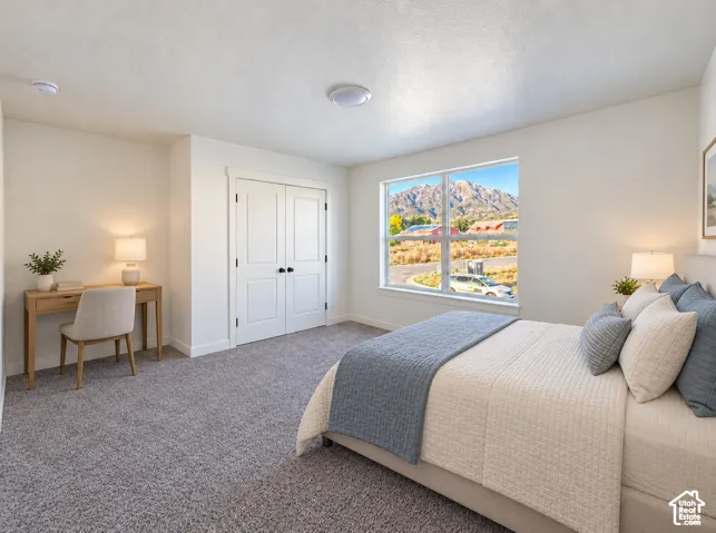 Carpeted room featuring a large window, white trim, and a double-door closet