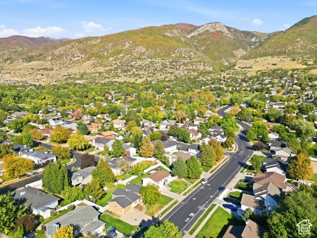 Mountain backdrop with a residential community featuring mature trees and paved roads