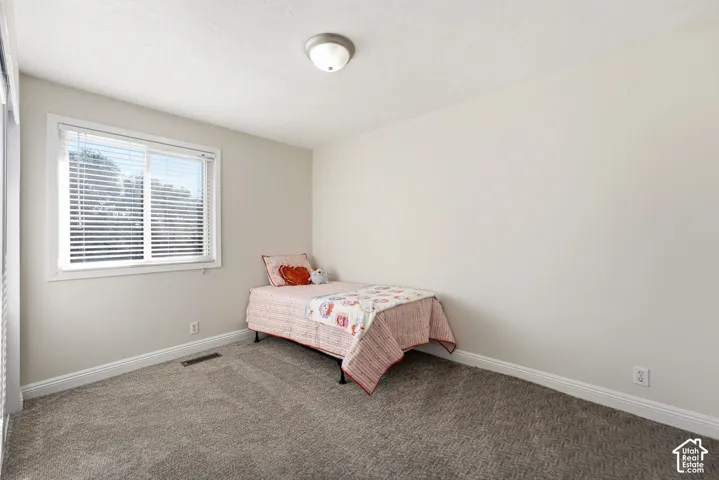 Bright interior room with plush grey carpeting and a single window featuring horizontal blinds