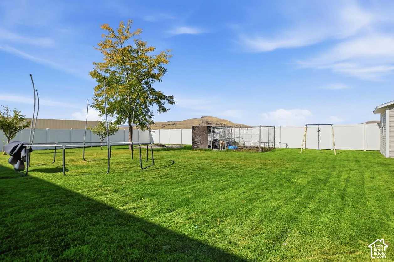 Expansive backyard featuring a manicured lawn, mature trees, and a privacy fence