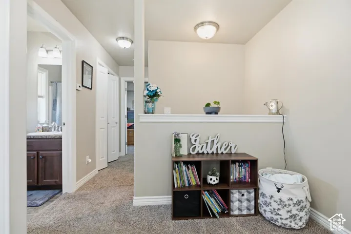 Carpeted hallway with flush-mount lighting
