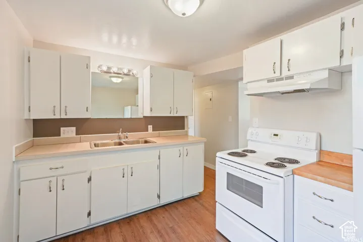 Kitchen featuring white cabinetry, light-toned countertops, a double-basin sink, and wood-finish flooring