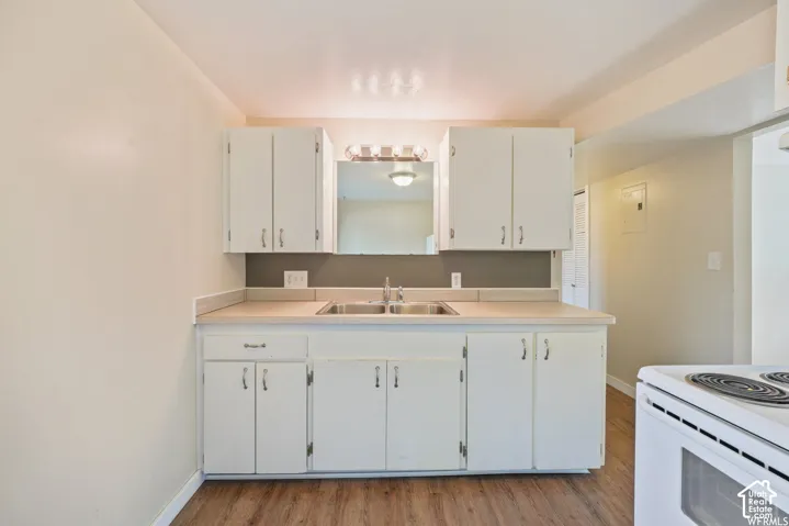 Kitchen featuring white cabinetry, a dual basin stainless steel sink, light-toned countertops, and wood-finish flooring