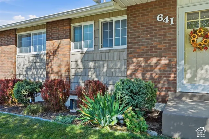 Brick and shingle exterior with white-framed windows, concrete entry steps, and established landscaping