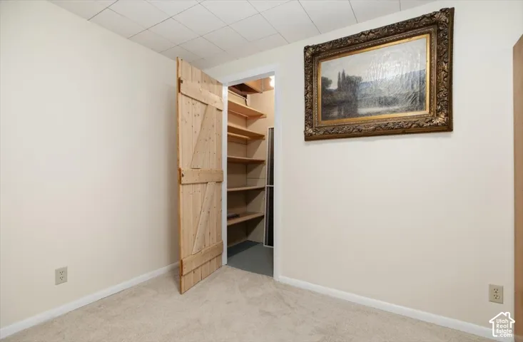 Wall-to-wall carpeting with built-in shelving