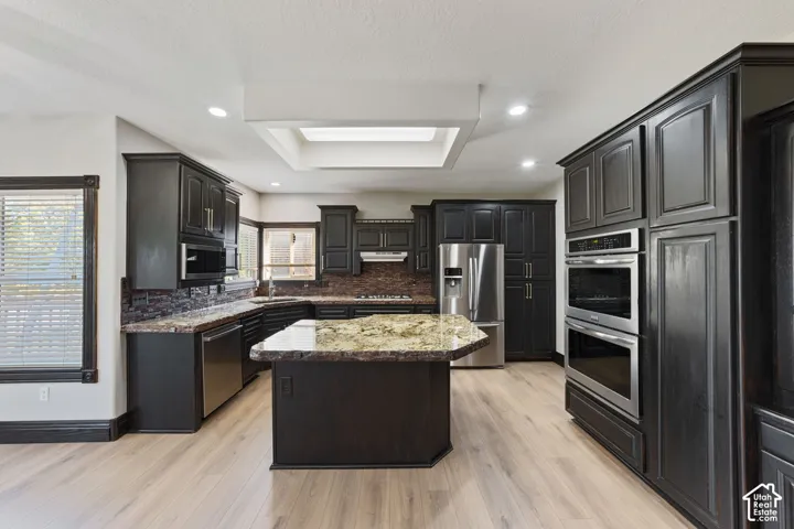 Kitchen featuring wood-finish flooring, dark cabinetry, recessed lighting, and a skylight