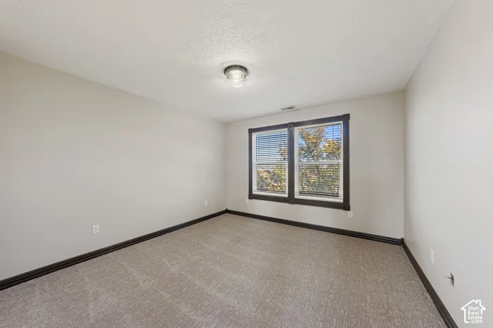 Neutral toned walls, textured carpet flooring, dark wood-finish trim, and two windows with blinds