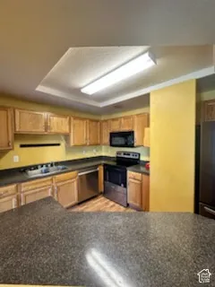 Kitchen featuring recessed ceiling with strip lighting, wood-finish cabinetry, stainless steel appliances, and dark speckled countertops