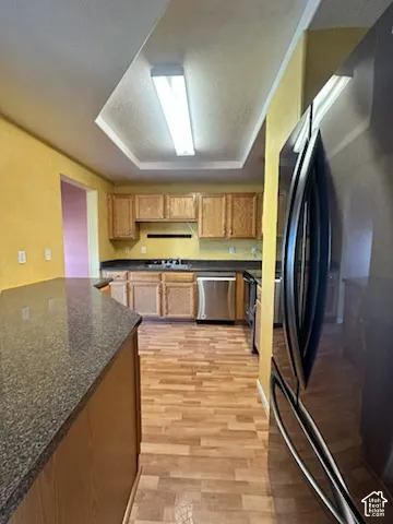 Kitchen featuring wood-finish flooring, a tray ceiling with recessed lighting, wood cabinetry, stone-finish countertops, and stainless steel appliances