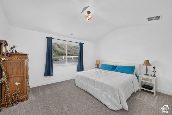 Vaulted ceiling with an attached light fixture, a window with horizontal blinds, and neutral carpet flooring