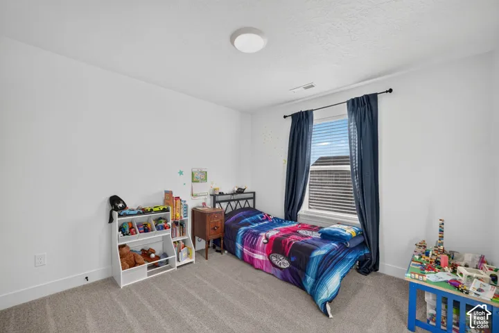 Carpeted room with a ceiling-mounted light fixture and a window featuring horizontal blinds