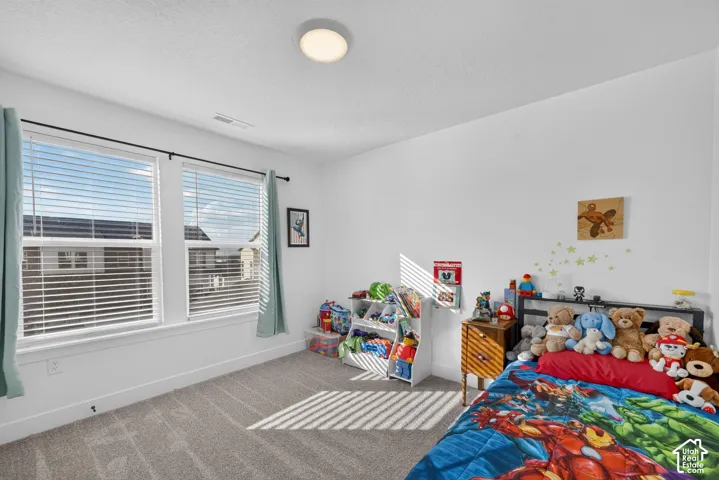 Wall-to-wall carpeting, two large windows with blinds, and recessed lighting
