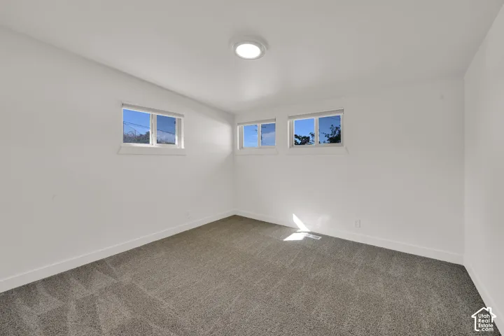 White painted walls, four windows with roller shades, and grey carpet flooring