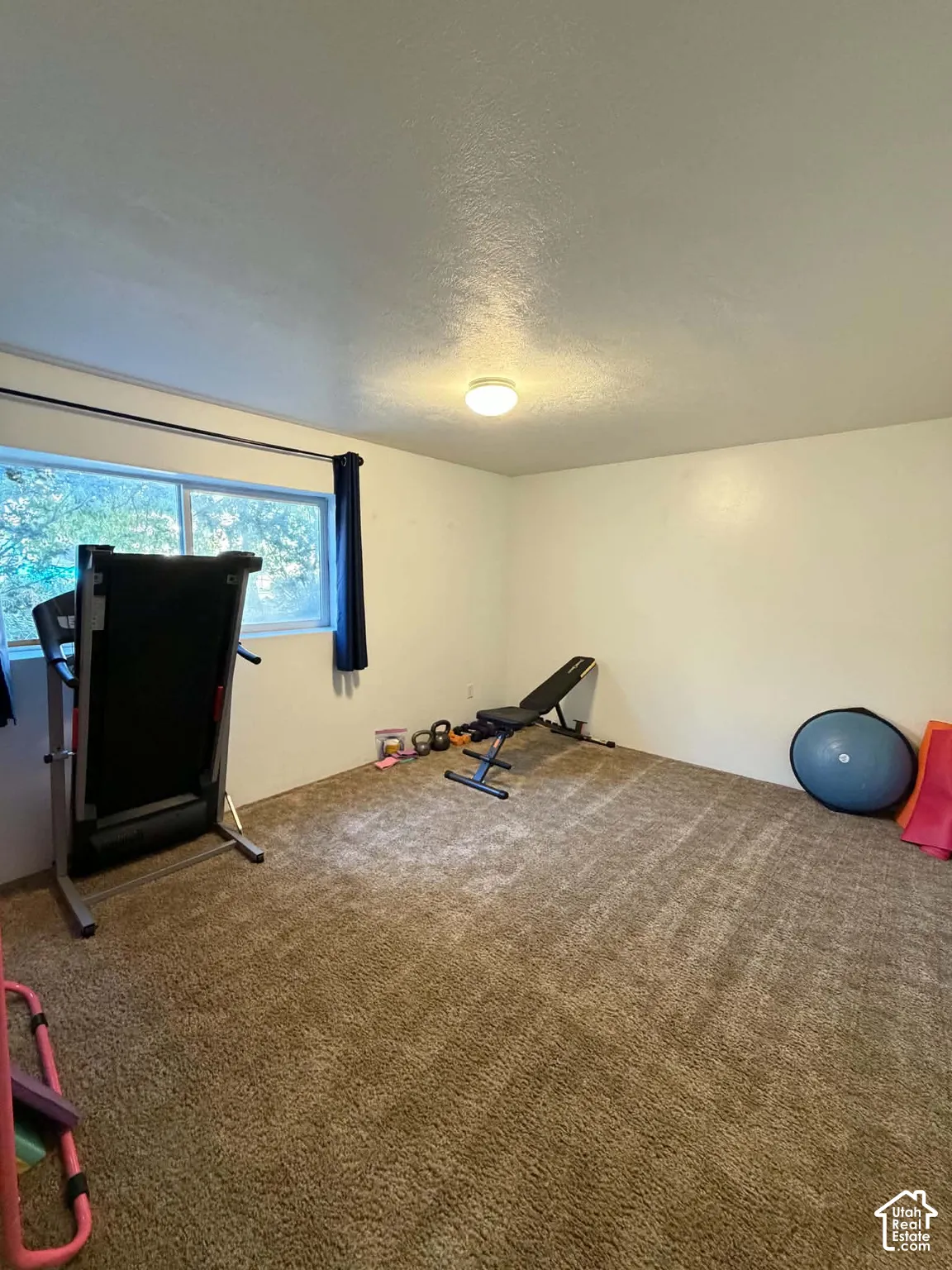 Recessed window, textured ceiling, central overhead lighting, and carpeted flooring
