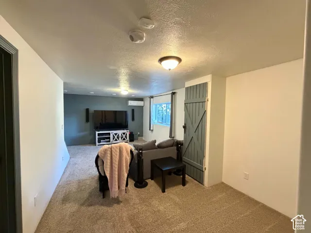 Carpeted room with a ceiling-mounted light fixture, recessed lighting, and a barn-style door