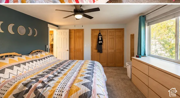 Spacious room featuring a ceiling fan, two wood-finish bi-fold closet doors, and large windows with roller shades