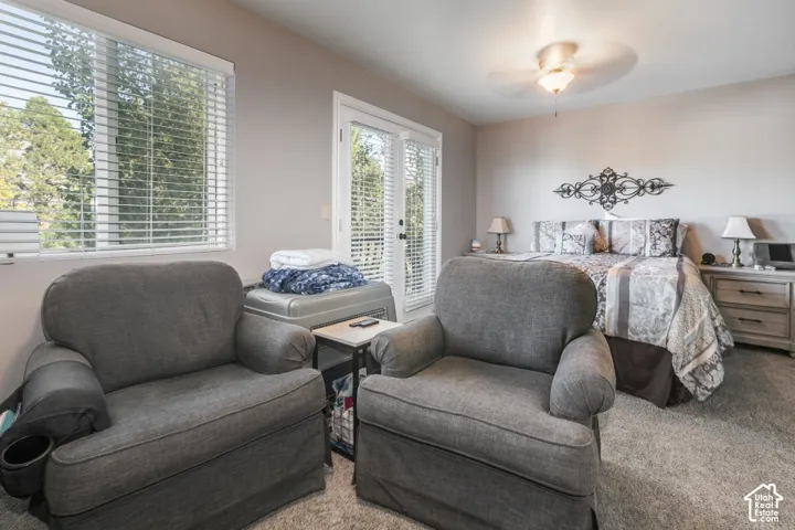 Dual windows, ceiling fan, and carpeted flooring