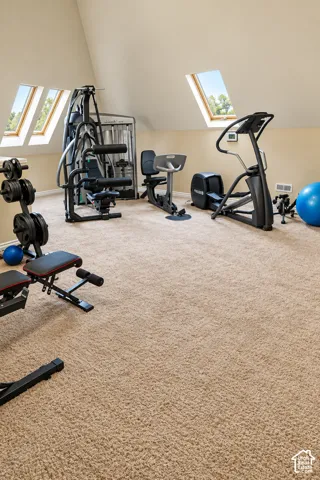 Carpeted room with a vaulted ceiling and two skylights