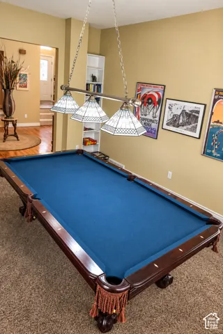 Carpeted recreation room featuring a built-in bookshelf and a multi-bulb hanging fixture with stained glass shades