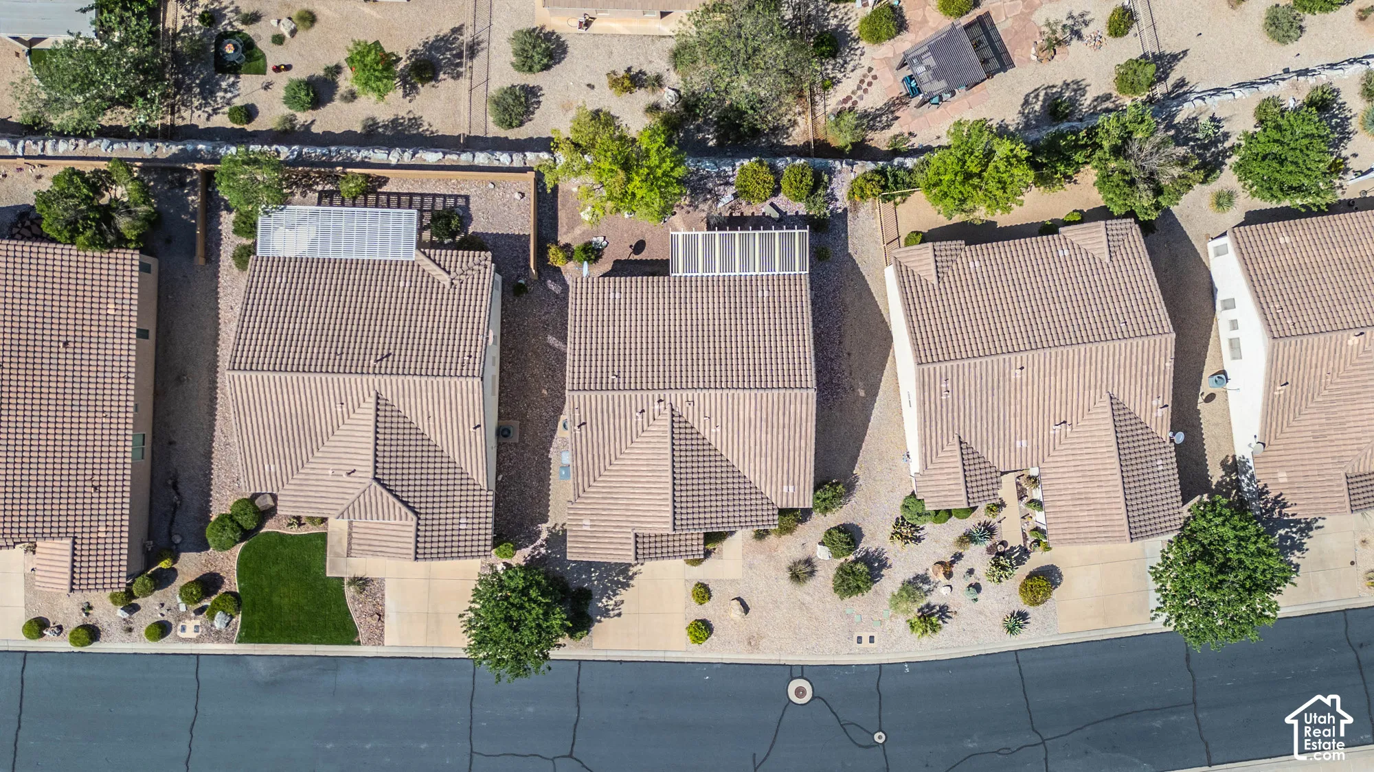 Tile roof with multiple gables, front yard with manicured lawn, and mature desert landscaping
