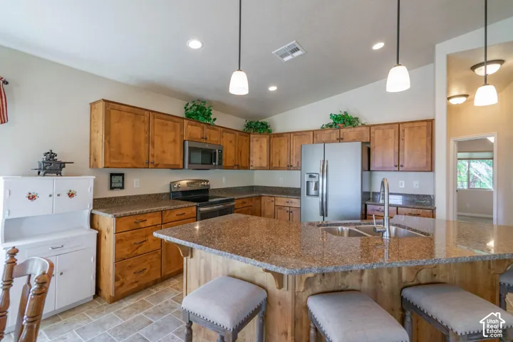 Wood cabinetry with stainless steel appliances, granite countertops, and a center island with a double basin sink