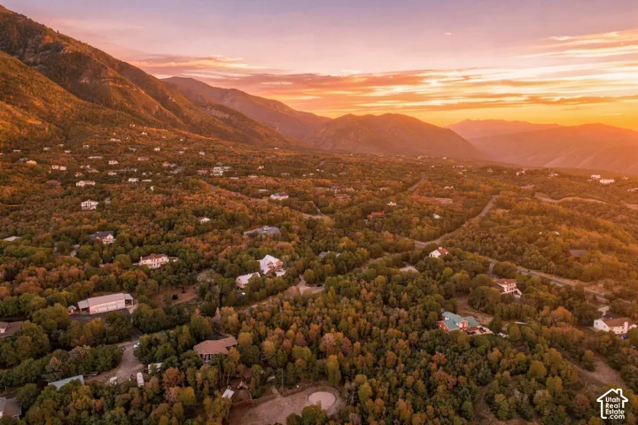 Mountainous terrain with extensive tree coverage and residential properties