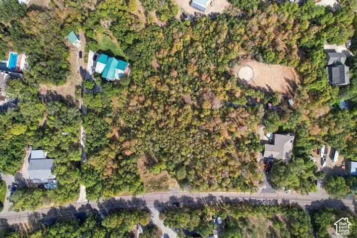 Wooded lot with established roadways and visible neighboring properties