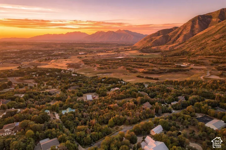 Expansive mountain backdrop with a natural landscape, lush tree coverage, and scattered residential properties