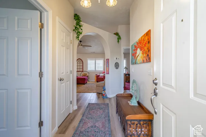 Arched entryway with a vaulted ceiling, wood-finish flooring, and panel doors