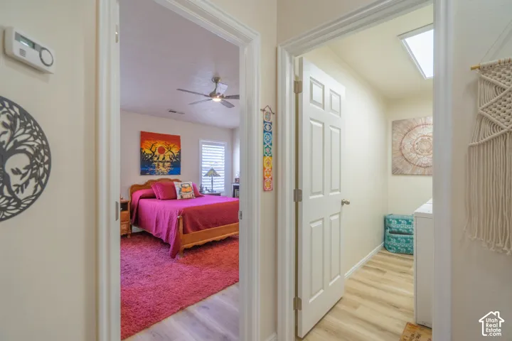Ceiling fan, window blinds, wood-finish flooring, white paneled door, and a skylight
