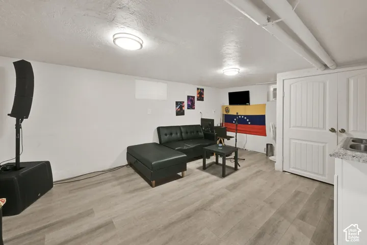 Light wood-finish flooring, white painted walls, ceiling-mounted lighting, white paneled doors, and a built-in sink with stone-finish countertop