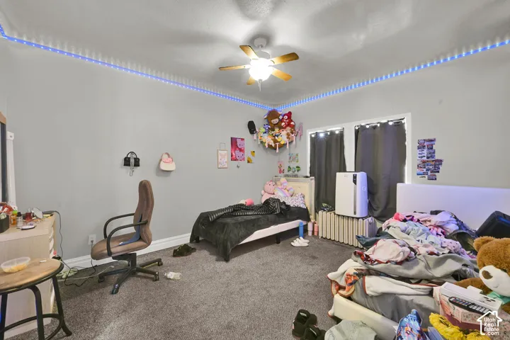 Carpeted room featuring a ceiling fan, light gray walls, and two windows with dark curtains