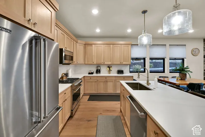 Stainless steel appliances, light wood-finish cabinetry, white countertops, wood-finish flooring, and recessed lighting